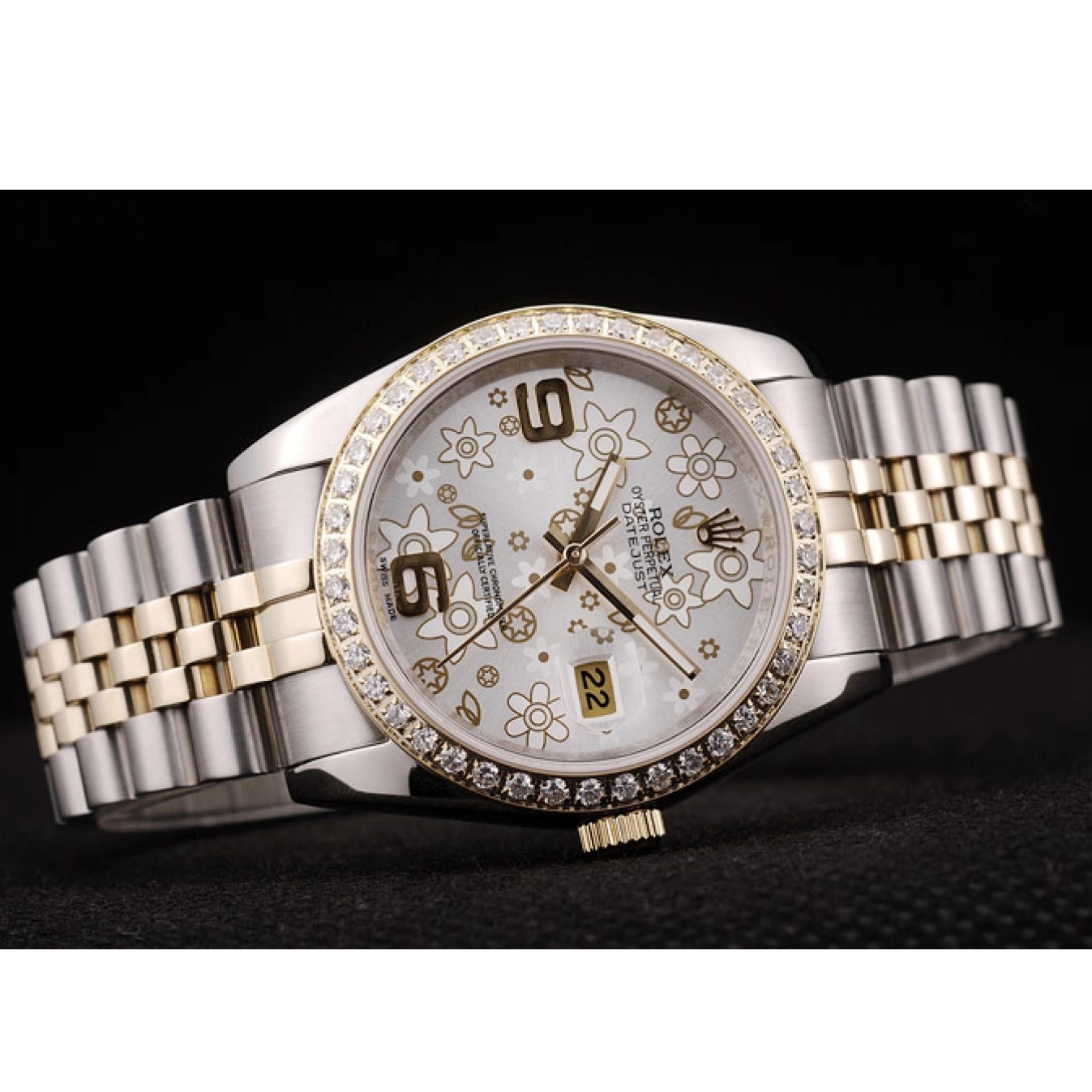 MiroTime 0718 Rolex DateJust Brushed Stainless Steel Case Silver Flowers Dial Diamonds Plated